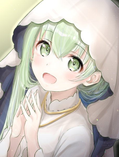 Anime picture 2000x2634 with shiro seijo to kuro bokushi cecilia (shiro seijo to kuro bokushi) fluno single long hair tall image looking at viewer highres open mouth green eyes upper body :d green hair from above fingers together girl veil