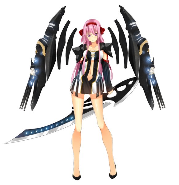 Anime picture 3400x3507 with original uke (artist) single long hair tall image looking at viewer blush highres simple background white background purple eyes pink hair absurdres light smile legs mechanical wings girl navel ribbon (ribbons) weapon