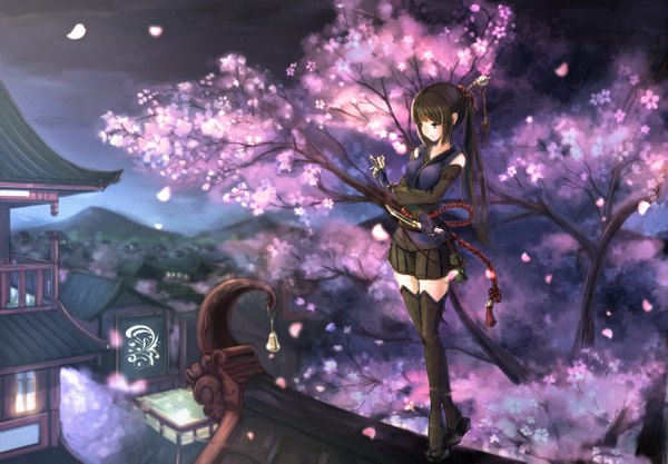 Anime picture 1816x1265 with original kikivi single long hair highres black hair ponytail traditional clothes black eyes cherry blossoms girl weapon plant (plants) miniskirt petals sword tree (trees) katana japanese house