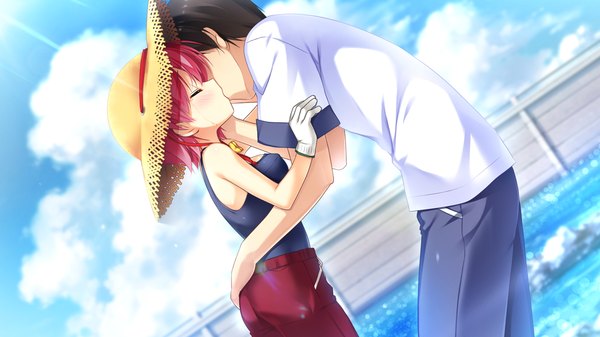 Anime picture 1024x576 with natsukumo yururu blush short hair black hair wide image bare shoulders pink hair game cg sky cloud (clouds) eyes closed couple kiss girl boy hat