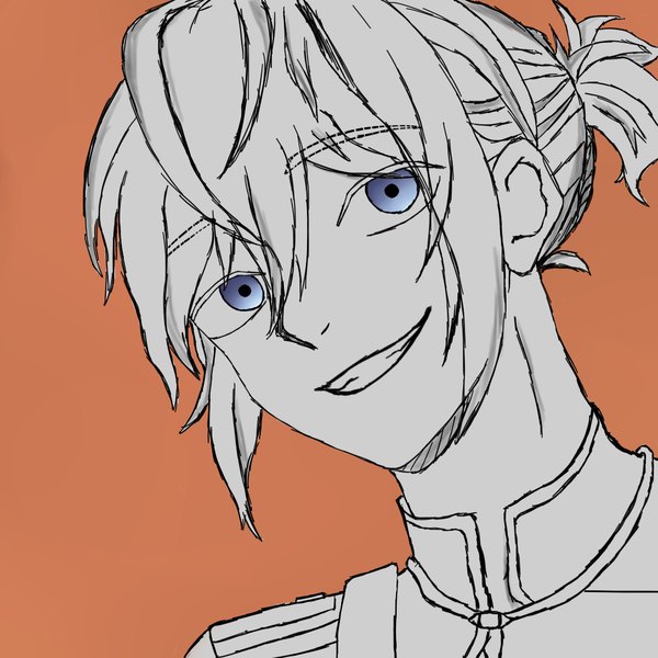Anime picture 1080x1080 with darksone single looking at viewer fringe short hair blue eyes smile hair between eyes ponytail grin monochrome sketch orange background spot color boy