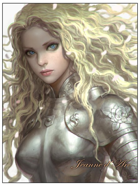 Anime picture 601x800 with real life jeanne d'arc kilart (artist) single long hair tall image looking at viewer blue eyes blonde hair white background lips realistic character names lipstick portrait wavy hair girl petals armor