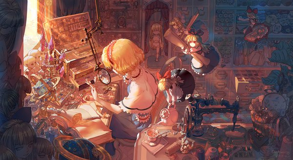 Anime picture 1827x1000 with touhou alice margatroid shanghai shinki (touhou) hourai dahuang single highres short hair blonde hair wide image sitting signed looking away indoors dated flying 2017 doll joints girl