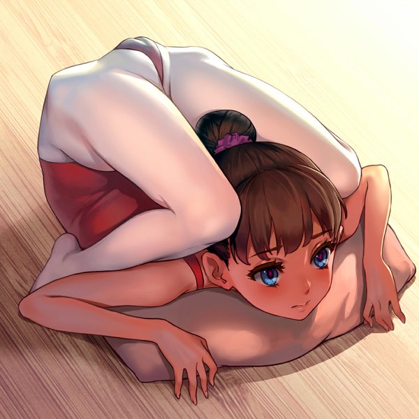 Anime picture 1050x1050 with original as109 blush fringe short hair blue eyes light erotic brown hair bent knee (knees) lying hair bun (hair buns) embarrassed no shoes cameltoe light on stomach arched back floor contortion girl