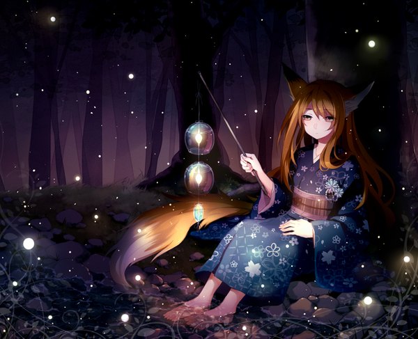 Anime picture 1600x1300 with hoshiyui tsukino (artist) single long hair brown hair sitting brown eyes traditional clothes japanese clothes barefoot fox ears fox tail fox girl light girl plant (plants) tree (trees) kimono forest lantern