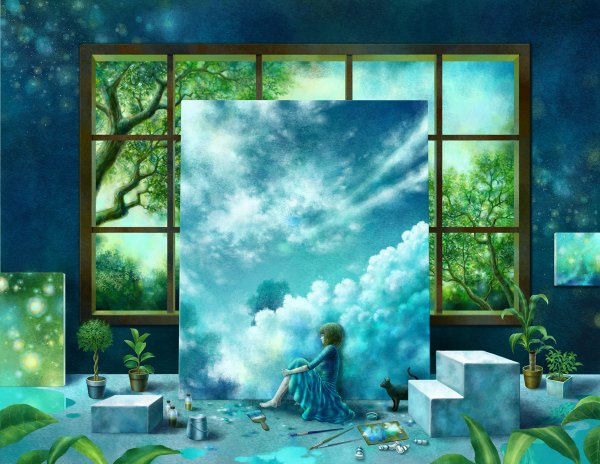Anime picture 1200x928 with original fuumi (kazami) single short hair sitting looking away sky cloud (clouds) profile barefoot girl dress flower (flowers) plant (plants) animal tree (trees) window cat potted plant picture