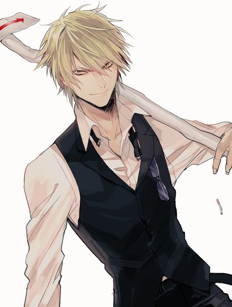 Anime picture 680x900 with durarara!! brains base (studio) heiwajima shizuo zaqloxxx single tall image fringe short hair simple background blonde hair hair between eyes white background yellow eyes upper body open collar sunglasses removed boy shirt white shirt bowtie