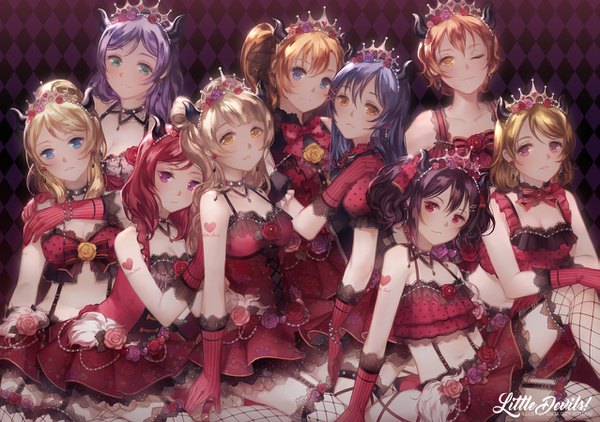 Anime picture 1277x900 with love live! school idol project sunrise (studio) love live! nishikino maki yazawa nico toujou nozomi minami kotori ayase eli sonoda umi kousaka honoka hoshizora rin koizumi hanayo lucia (biblyoteka) long hair looking at viewer short hair blue eyes blonde hair red eyes sitting