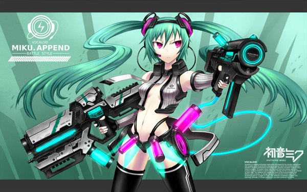 Anime picture 1920x1200 with vocaloid vocaloid append hatsune miku hatsune miku (append) gia single long hair highres light erotic wide image twintails pink eyes green hair inscription open clothes midriff open shirt girl navel weapon