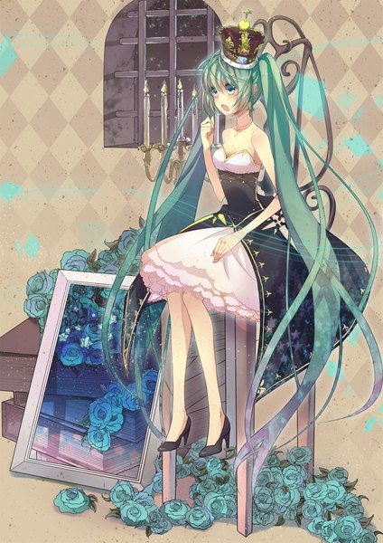 Anime picture 1050x1485 with vocaloid hatsune miku nicohi (artist) single tall image blush open mouth blue eyes simple background sitting twintails very long hair girl dress flower (flowers) window rose (roses) jewelry crown candle (candles)