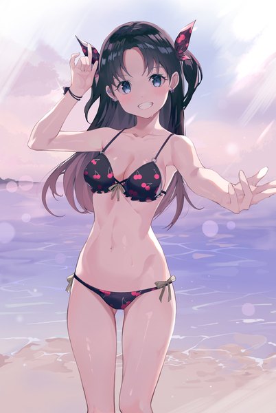 Anime picture 1544x2302 with fate (series) fate/stay night toosaka rin tanchobee single long hair tall image looking at viewer blush fringe breasts blue eyes black hair smile standing sky cloud (clouds) head tilt arm up two side up