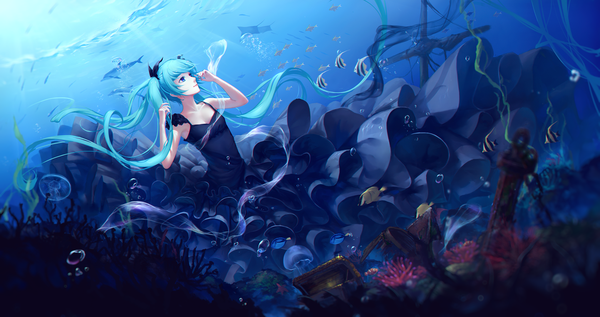Anime picture 2042x1080 with vocaloid shinkai shoujo (vocaloid) hatsune miku sombernight single highres blue eyes wide image twintails looking away very long hair aqua hair underwater girl dress animal bubble (bubbles) fish (fishes)