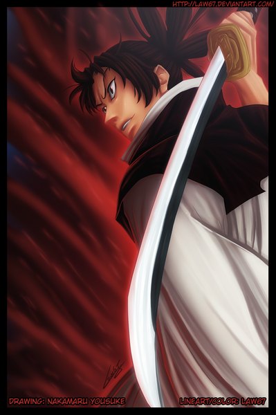 Anime picture 1024x1539 with gamaran (manga) iori sengoku law67 single long hair tall image red eyes brown hair ponytail coloring framed boy weapon sword katana cloak