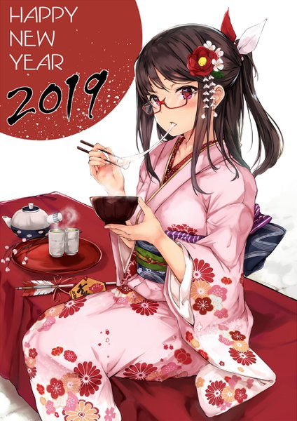 Anime picture 1767x2500 with original maki (maki pei) single long hair tall image looking at viewer blush fringe highres brown hair sitting holding payot traditional clothes japanese clothes pink eyes wide sleeves one side up floral print eating