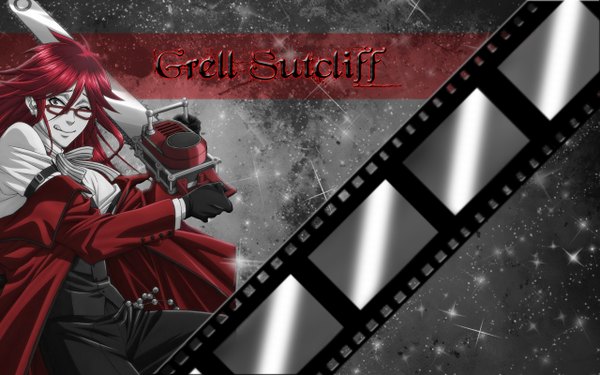 Anime picture 1280x800 with kuroshitsuji a-1 pictures grell sutcliff single long hair looking at viewer wide image yellow eyes red hair inscription shinigami boy earrings glasses jacket bowtie chainsaw