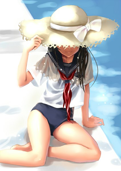 Anime picture 636x900 with original katahira masashi single long hair tall image black hair sitting barefoot bare legs wet clothes girl swimsuit hat one-piece swimsuit sailor suit straw hat