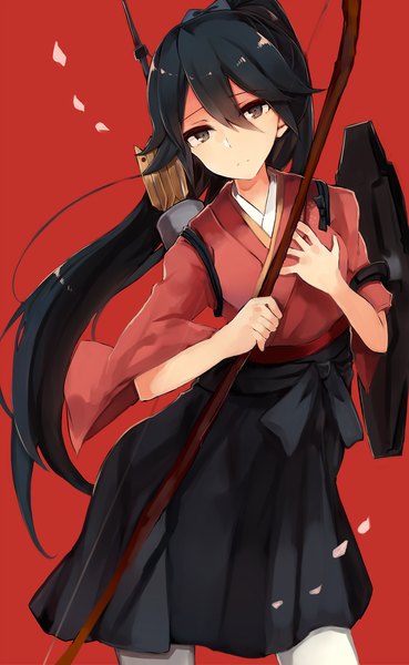 Anime picture 1108x1800 with kantai collection houshou light aircraft carrier kinona (kino10) single long hair tall image looking at viewer fringe breasts standing holding ponytail head tilt pleated skirt black eyes short sleeves red background girl skirt weapon