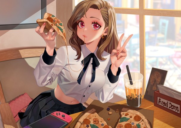 Anime picture 2048x1448 with original nintendo hongcasso single long hair looking at viewer fringe highres red eyes brown hair sitting holding signed indoors long sleeves nail polish pleated skirt fingernails arms up midriff