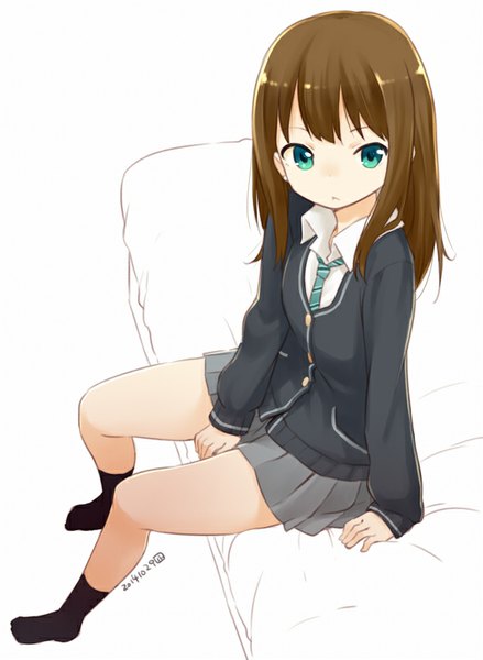 Anime picture 600x820 with idolmaster idolmaster cinderella girls shibuya rin nagian single long hair tall image looking at viewer fringe simple background brown hair white background green eyes signed bent knee (knees) pleated skirt from above dated open collar girl