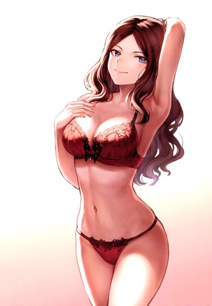 Anime picture 4830x6975 with fate (series) fate/grand order leonardo da vinci (fate) mashuu (neko no oyashiro) single long hair tall image looking at viewer blush fringe highres breasts blue eyes light erotic simple background smile brown hair large breasts standing absurdres
