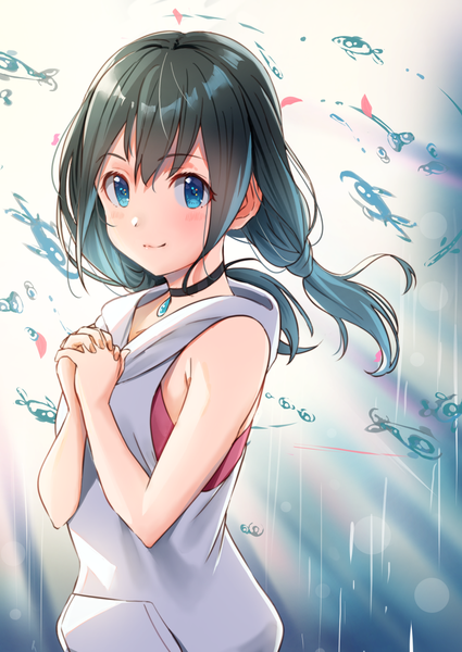 Anime picture 1003x1416 with tenki no ko amano hina (tenki no ko) tsukiman single long hair tall image looking at viewer blush fringe blue eyes black hair twintails bare shoulders upper body fingernails sleeveless low twintails rain hands clasped interlocked fingers