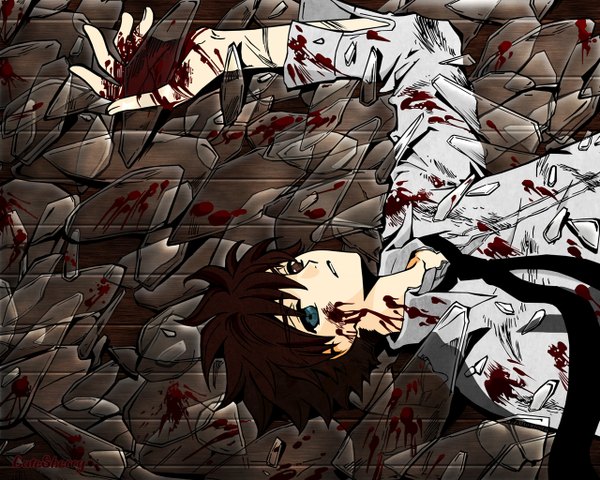 Anime picture 1280x1024 with tsubasa reservoir chronicle clamp syaoran cutesherry single looking at viewer short hair blue eyes brown hair brown eyes signed lying parted lips on back heterochromia blood on face bloody clothes blood stains broken glass boy