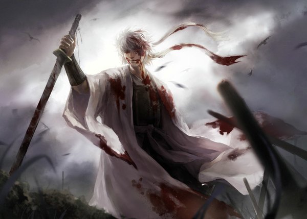 Anime picture 1000x716 with gintama sunrise (studio) sakata gintoki shiroyasha hangleing single short hair red eyes sky white hair traditional clothes boy weapon animal sword armor bird (birds) katana blood hachimaki