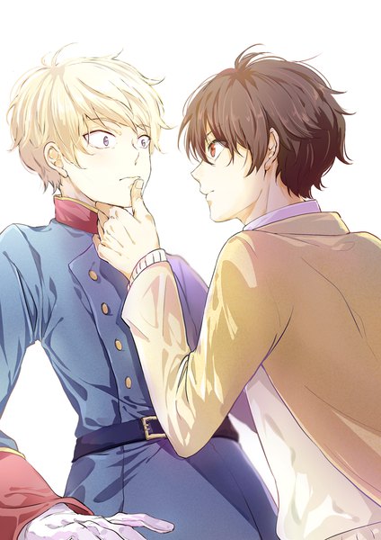 Anime picture 750x1061 with aldnoah.zero a-1 pictures slaine troyard kaizuka inaho ryuna (itouaiyuki) tall image fringe short hair blue eyes blonde hair simple background hair between eyes brown hair standing white background brown eyes upper body profile multiple boys eye contact