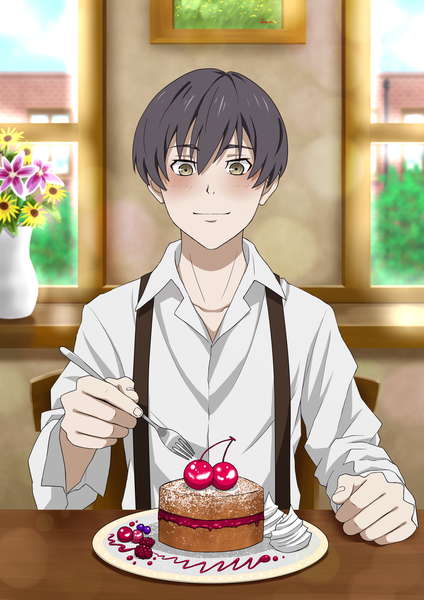 Anime picture 1447x2047 with 91 days avilio bruno shelty single tall image blush fringe short hair black hair smile hair between eyes sitting holding upper body indoors grey eyes lens flare looking down boy flower (flowers)