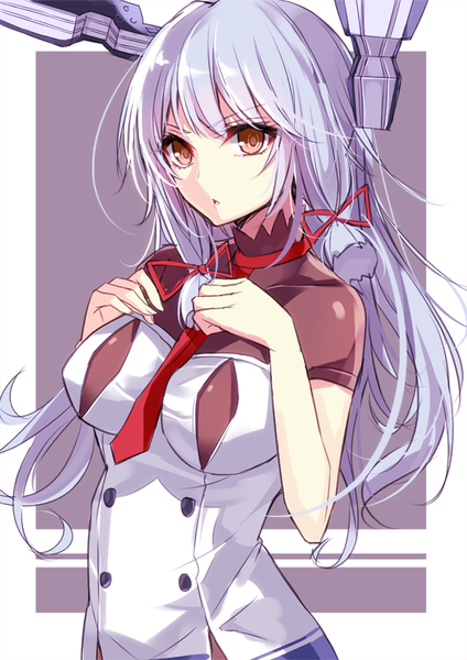 Anime picture 566x800 with kantai collection murakumo destroyer aosaki yukina single long hair tall image looking at viewer fringe breasts open mouth large breasts brown eyes silver hair grey background alternate costume hand on chest border alternate hairstyle outside border tress ribbon