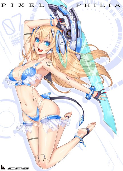 Anime picture 718x1000 with original 2d (artist) single long hair tall image open mouth blue eyes light erotic blonde hair smile bare shoulders barefoot jumping mechanical girl navel weapon swimsuit bikini sword