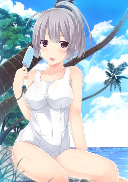 Anime picture 1200x1697 with original mizunashi kenichi tall image blush short hair light erotic red eyes silver hair beach girl swimsuit plant (plants) tree (trees) food sweets ice cream palm tree
