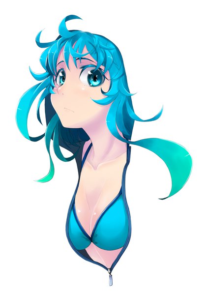 Anime picture 1323x1886 with original haiiro gundan single long hair tall image looking at viewer fringe breasts blue eyes simple background white background blue hair cleavage upper body halterneck unzipped girl bikini top zipper