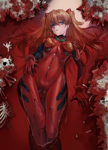 Anime picture 1535x2139 with neon genesis evangelion gainax soryu asuka langley gold can single long hair tall image looking at viewer blush fringe blue eyes hair between eyes brown hair lying on back two side up hand on hip partially submerged skeleton girl