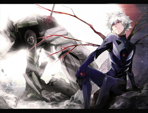 Anime picture 1012x777 with neon genesis evangelion rebuild of evangelion evangelion: 2.0 you can (not) advance gainax nagisa kaworu eva 01 short hair red eyes sitting looking away white hair light smile boy weapon bodysuit spear pilot suit mecha