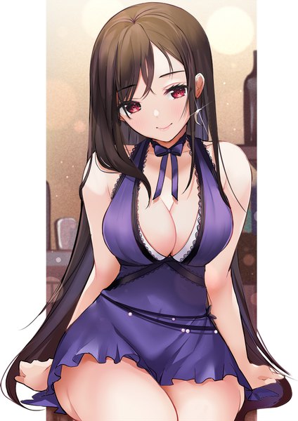 Anime picture 672x950 with original ry thae single long hair tall image looking at viewer blush fringe breasts light erotic smile red eyes brown hair large breasts sitting bare shoulders payot cleavage head tilt sparkle