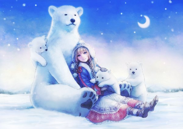 Anime picture 1000x707 with original soujirou long hair looking at viewer blue eyes blonde hair smile sitting braid (braids) girl animal cap snowflake (snowflakes) polar bear
