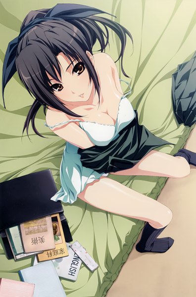 Anime picture 2640x4000 with cartagra nagomibako tachibana mikage sugina miki single long hair tall image looking at viewer highres breasts light erotic black hair brown eyes payot bent knee (knees) ponytail from above scan official art no shoes