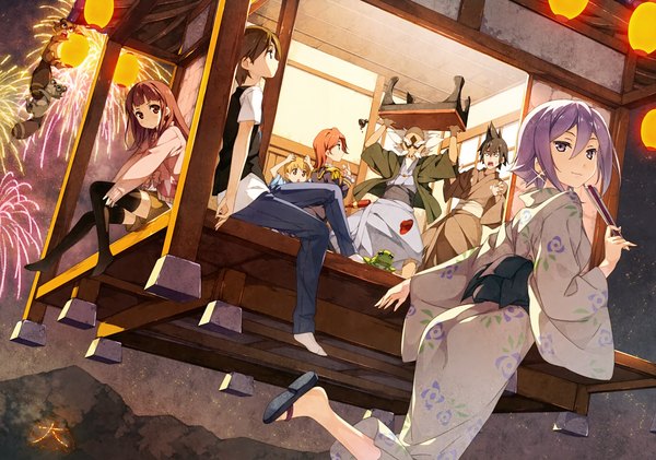 Anime picture 4266x3000 with uchouten kazoku p.a. works shimogamo yasaburou shimogamo yajirou shimogamo yaichirou shimogamo yashirou benten-sama (uchouten kazoku) mother (uchouten kazoku) ebisugawa ginkaku ebisugawa kinkaku ebisugawa kaisei akadama-sensei (uchouten kazoku) kantoku long hair looking at viewer blush fringe highres short hair open mouth