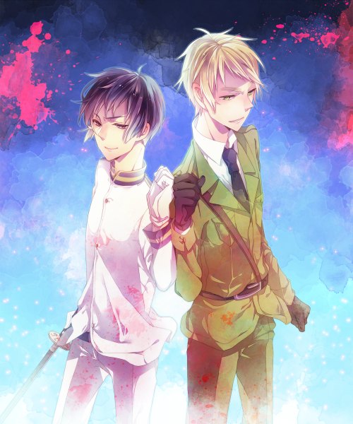 Anime picture 1000x1200 with axis powers hetalia studio deen united kingdom (hetalia) japan (hetalia) tsukudato tall image looking at viewer short hair black hair blonde hair standing brown eyes green eyes light smile multiple boys couple blue background back to back boy gloves