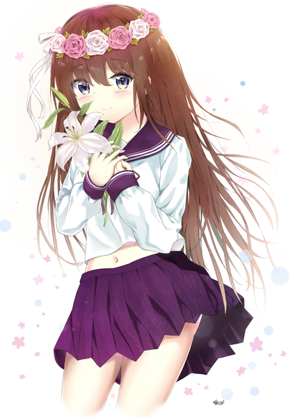 Anime picture 859x1215 with original arupisu (shintea) single long hair tall image looking at viewer blush fringe light erotic simple background hair between eyes brown hair standing white background holding signed payot long sleeves pleated skirt light smile