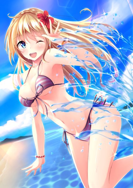 Anime-Bild 2976x4209 mit original moe2018 megurumiru single long hair tall image blush fringe highres breasts open mouth blue eyes light erotic blonde hair hair between eyes standing payot looking away sky cloud (clouds)