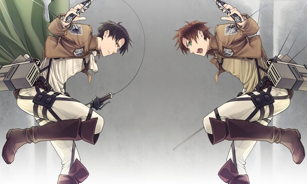 Anime picture 1200x720 with shingeki no kyojin production i.g eren yaeger levi (rivaille) chimachi looking at viewer short hair open mouth black hair simple background brown hair wide image green eyes bent knee (knees) profile black eyes multiple boys gradient background symmetry boy