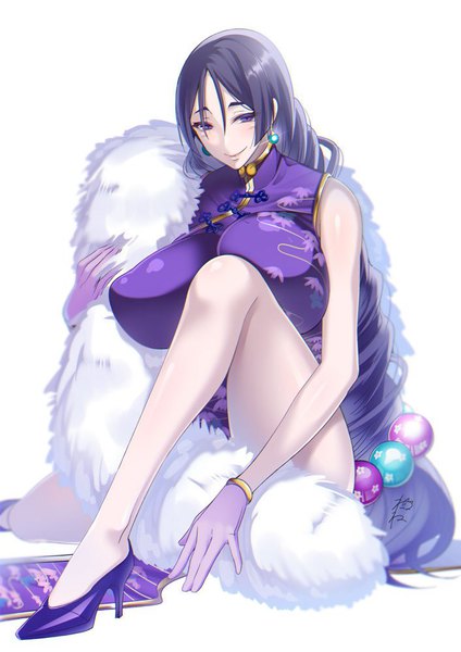 Anime picture 706x1000 with fate (series) fate/grand order minamoto no raikou (fate) suzuki nene single long hair tall image looking at viewer breasts light erotic simple background smile white background sitting purple eyes purple hair traditional clothes high heels huge breasts covered nipples