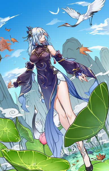 Anime picture 1480x2314 with genshin impact shenhe (genshin impact) shenhe (frostflower dew) (genshin impact) tdoe single long hair tall image fringe light erotic looking away sky silver hair cloud (clouds) full body outdoors traditional clothes profile hair over one eye bare legs turning head