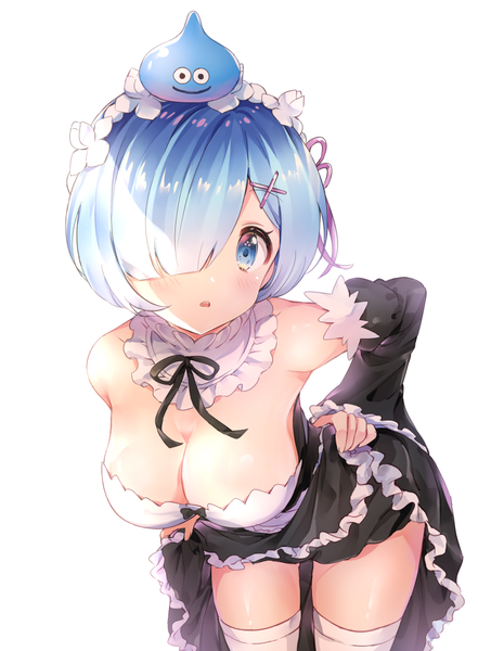 Anime picture 735x1000 with re:zero kara hajimeru isekai seikatsu white fox rem (re:zero) slime (dragon quest) melings (aot2846) single tall image looking at viewer blush fringe short hair breasts open mouth blue eyes light erotic simple background large breasts standing white background bare shoulders