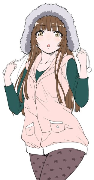 Anime picture 523x1000 with amagami kamizaki risa shouji nigou single long hair tall image looking at viewer blush fringe open mouth simple background brown hair white background brown eyes casual star print girl pantyhose star (symbol) vest