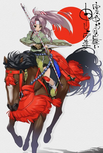 Anime picture 1378x2039 with kantai collection zuihou light aircraft carrier hobby (kento) single long hair tall image open mouth brown hair yellow eyes ponytail traditional clothes japanese clothes :o new year running riding girl gloves weapon animal