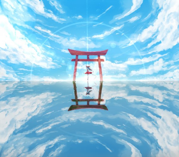 Anime picture 1200x1056 with touhou hakurei reimu qys3 single long hair black hair sky cloud (clouds) traditional clothes reflection miko scenic morning sunrise girl skirt bow hair bow water vest