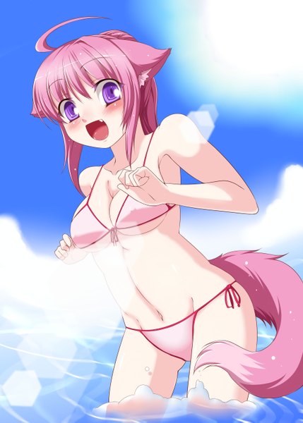 Anime picture 2000x2798 with dog days millhiore f biscotti takayuki hiyori (artist) tall image blush highres short hair open mouth light erotic purple eyes pink hair dog ears dog tail dog girl girl swimsuit bikini water